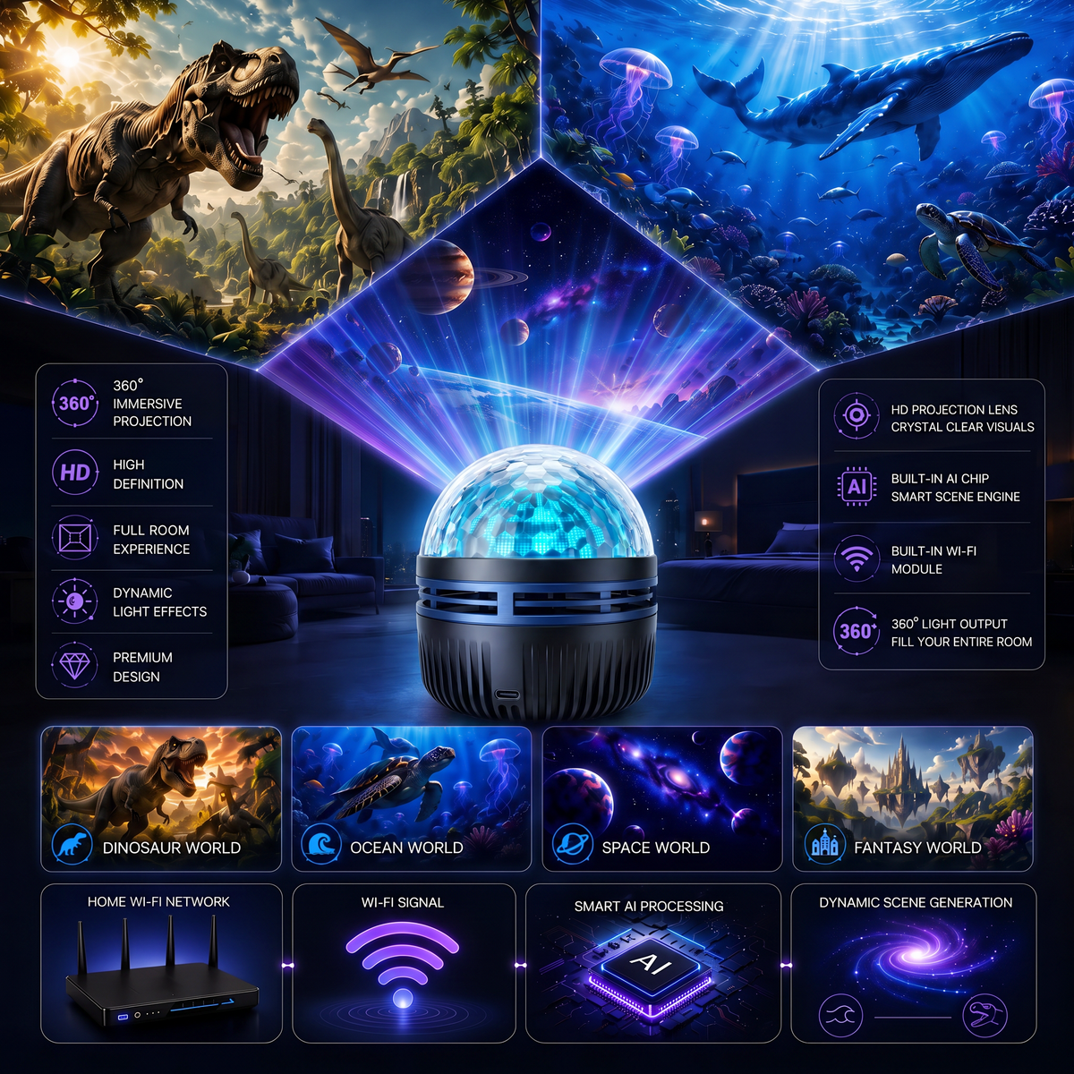 ⏳LAST DAY 49% OFF|🦖360° Smart Holographic Starry Sky Projector (HD Smart Dynamic 5D)